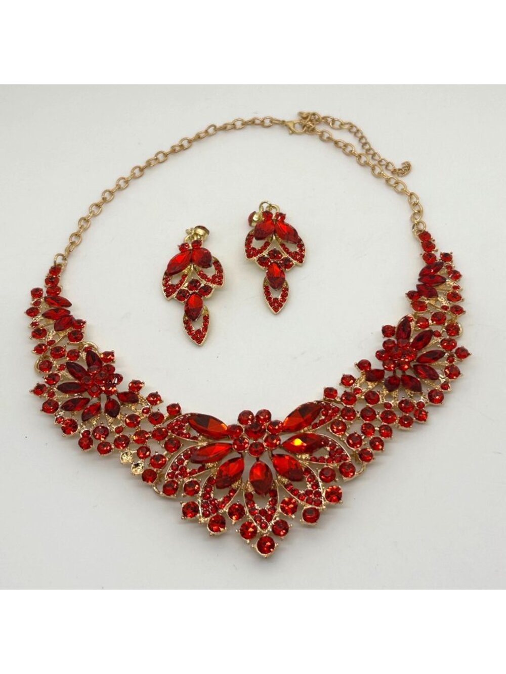 Red Acrylic Rhinestone Statement Choker Necklace & Earring Set For Wedding Prom